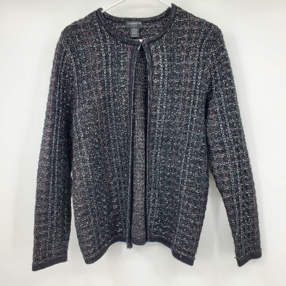 Liz Claiborne Clasp Front Black Shimmer Metallic Women's Sweater L Petite - Picture 1 of 9
